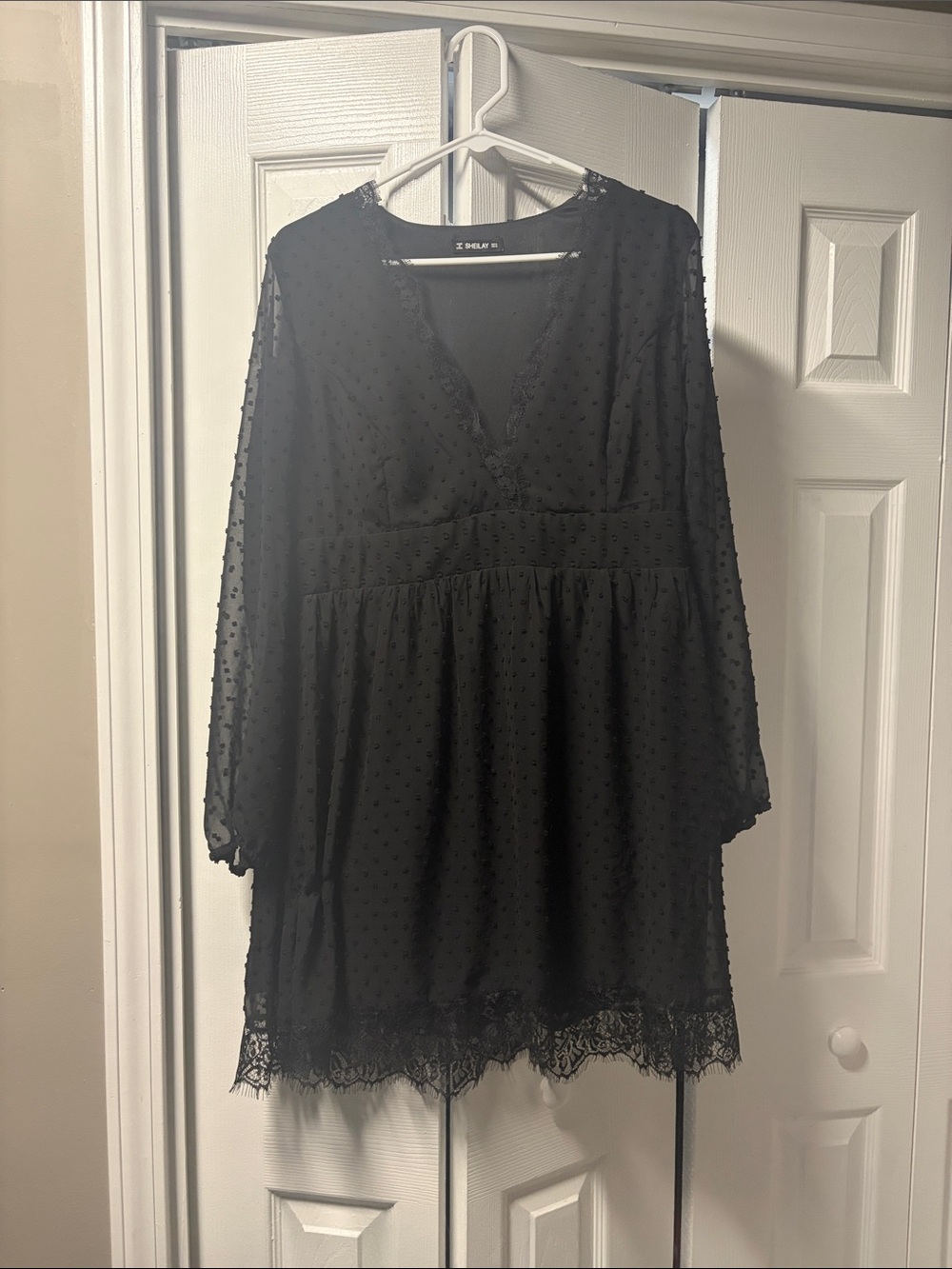 Black Swiss Dot Lace Trim Mini Dress